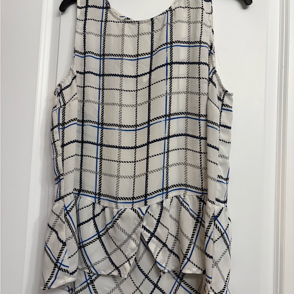Elle Blue and White Plaid Sleeveless Blouse